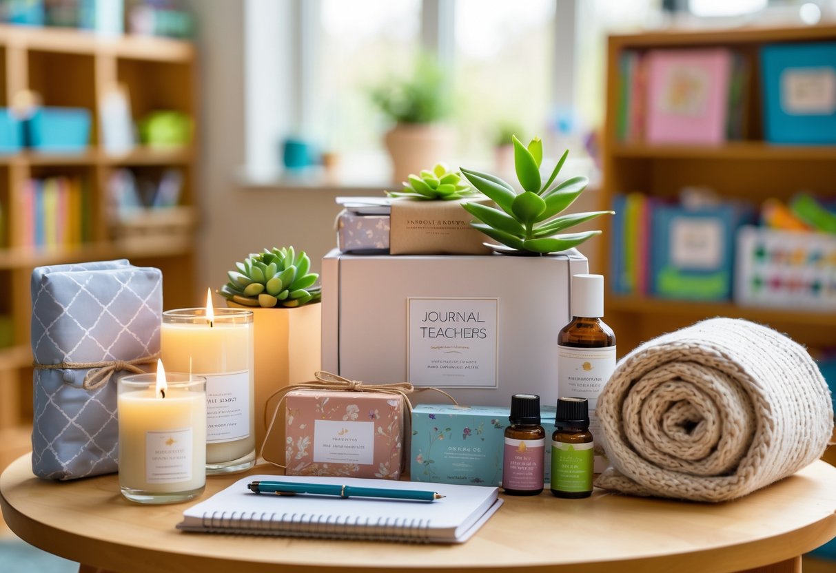 A collection of self-care and wellness gifts for teachers arranged on a wooden table, including candles, a journal, a plant, a blanket, herbal teas, and essential oils, with a blurred classroom background.