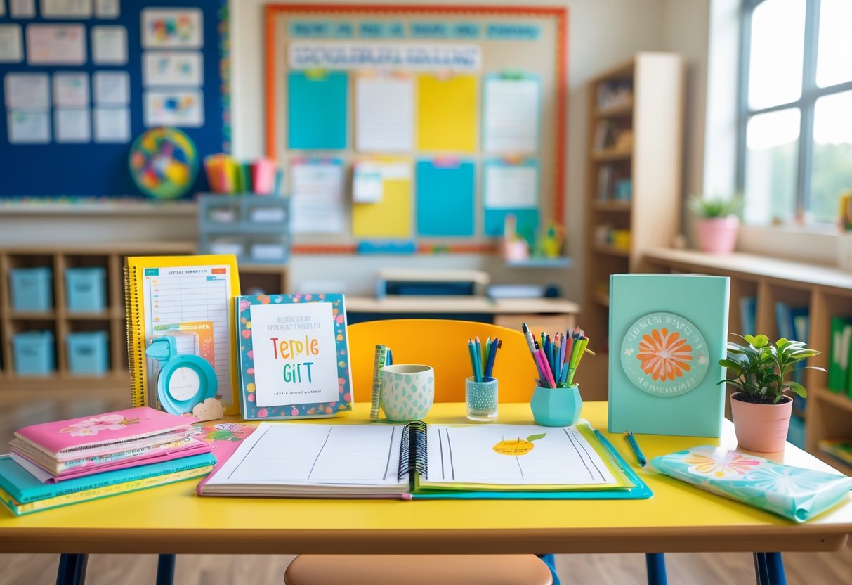 A tidy teacher's desk with organized supplies and unique gift items in a bright classroom setting.
