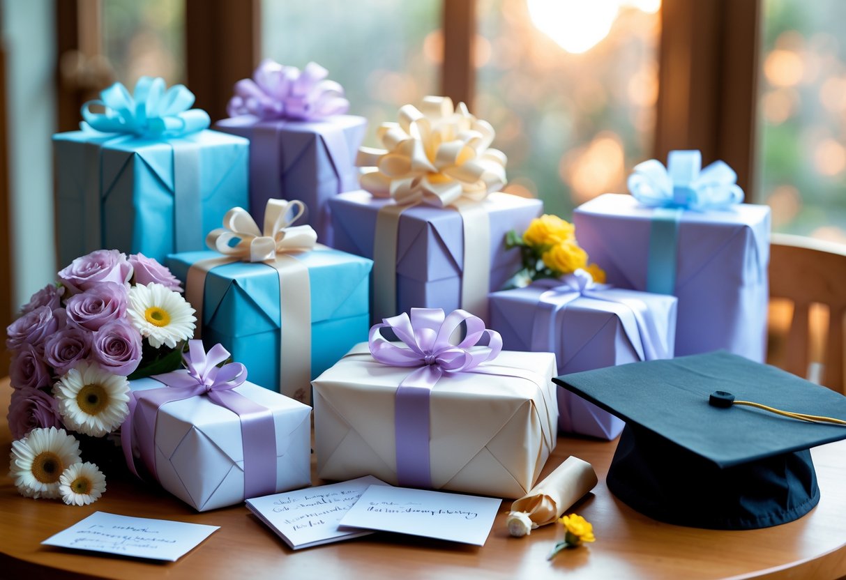 A table with wrapped graduation gifts, flowers, a graduation cap, and cards arranged in a warm, softly lit room.