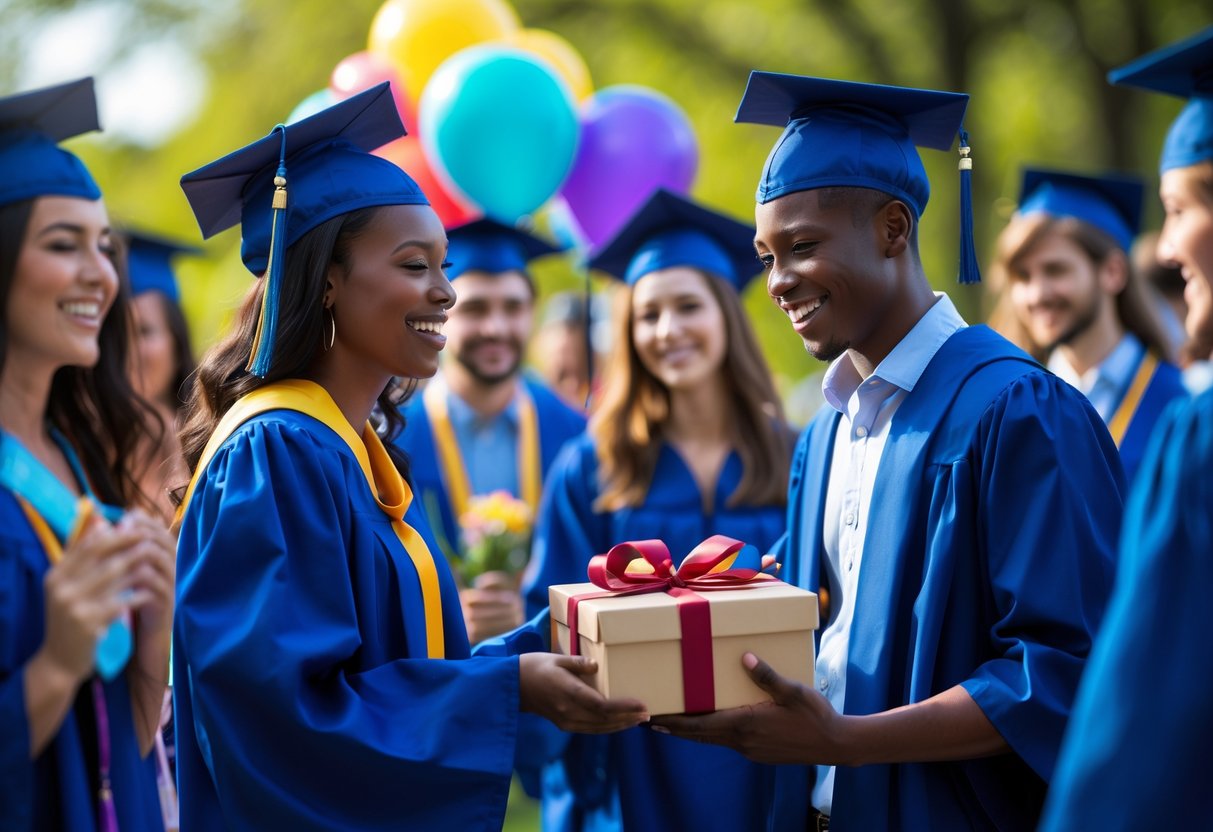 Graduates in caps and gowns outdoors exchanging a wrapped gift with smiles, surrounded by friends celebrating.