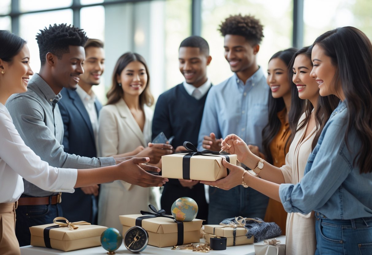 A group of young adults exchanging thoughtful graduation gifts in a bright indoor setting, smiling and celebrating together.