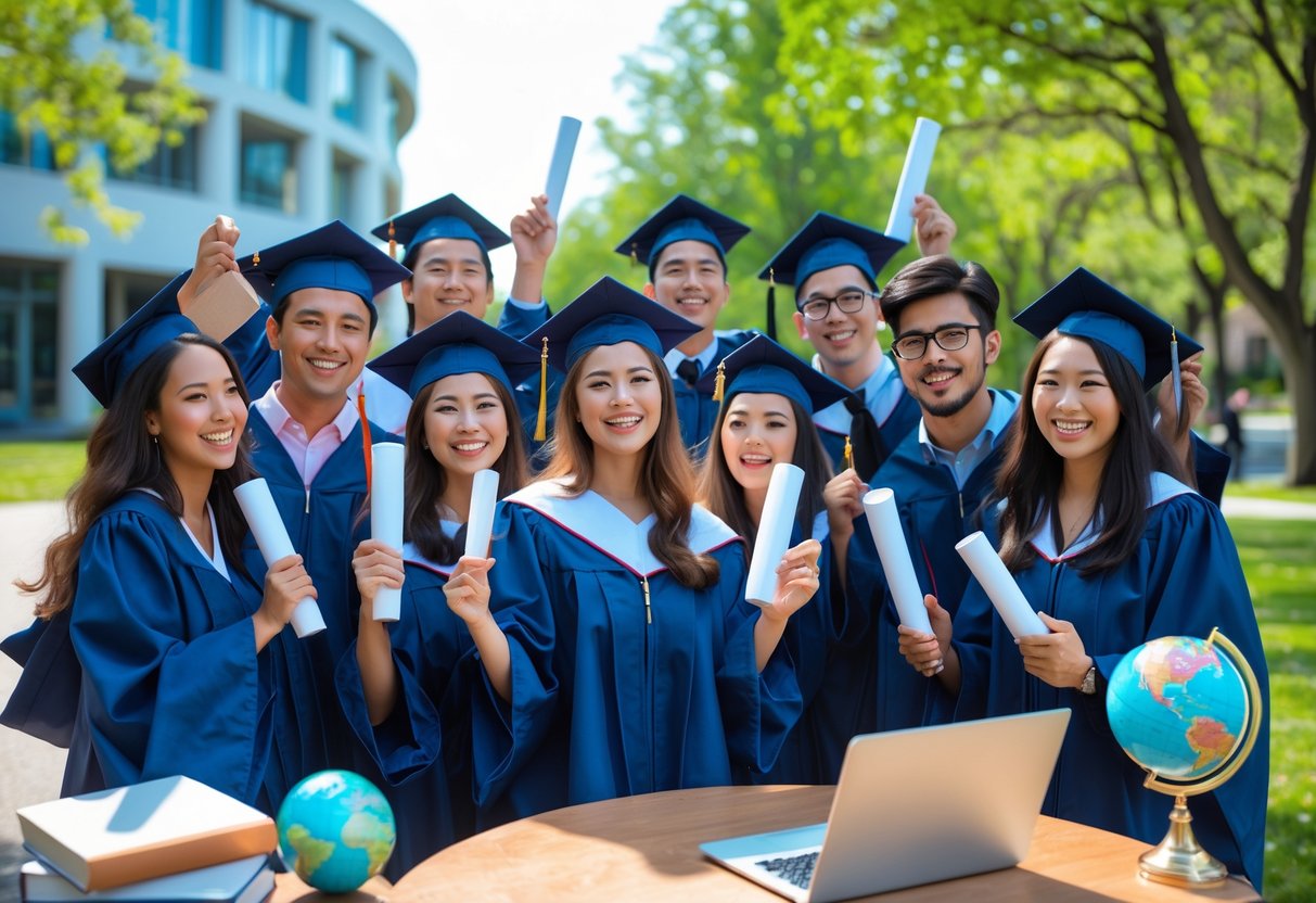 A group of young graduates in gowns and caps celebrating outdoors on a sunny day with diplomas, smiling and happy.