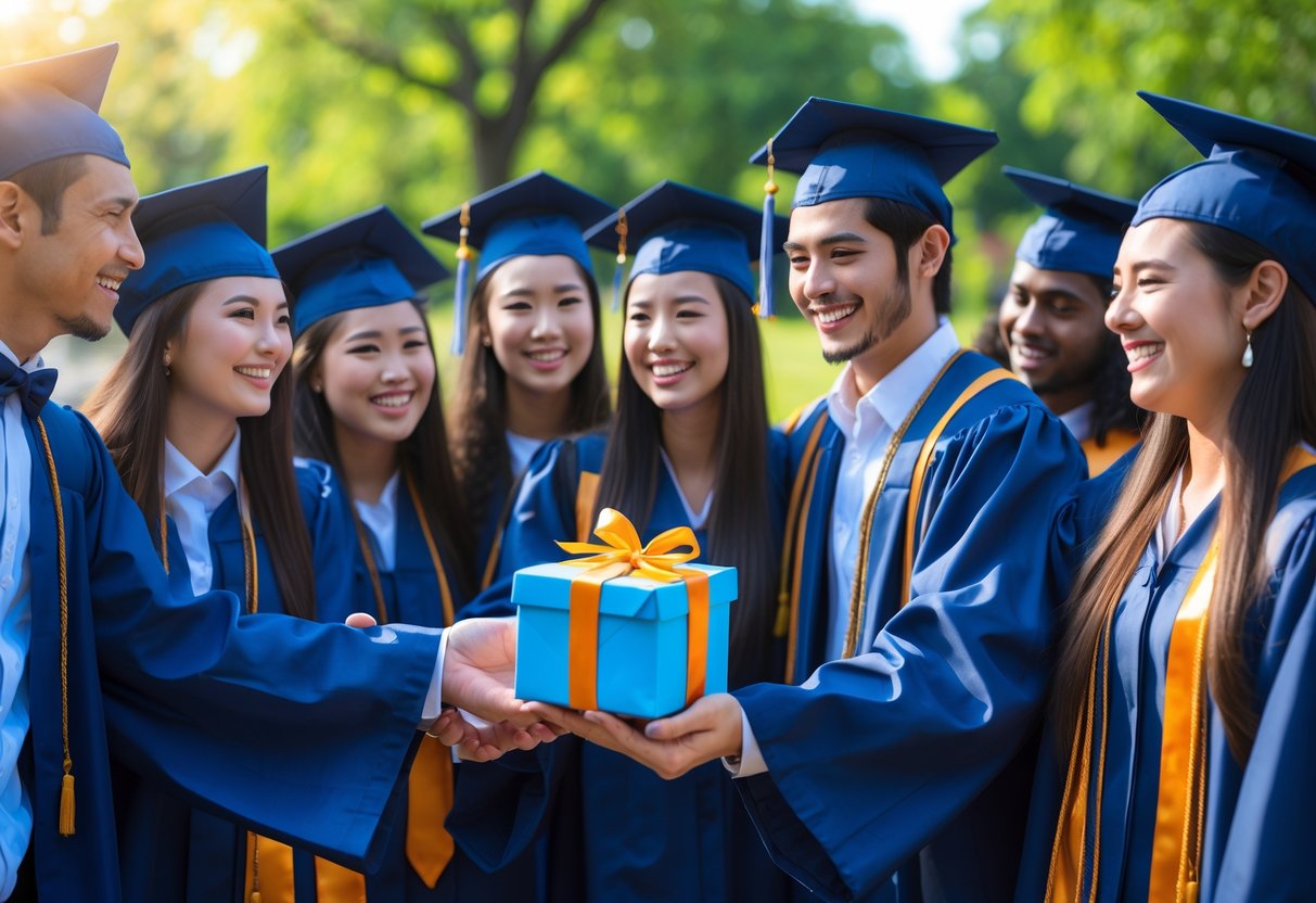 A group of smiling graduates in caps and gowns outdoors, exchanging a wrapped gift during a celebration.