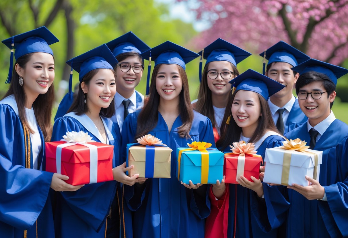A group of smiling young graduates outdoors holding wrapped gift boxes and celebrating together in a park.