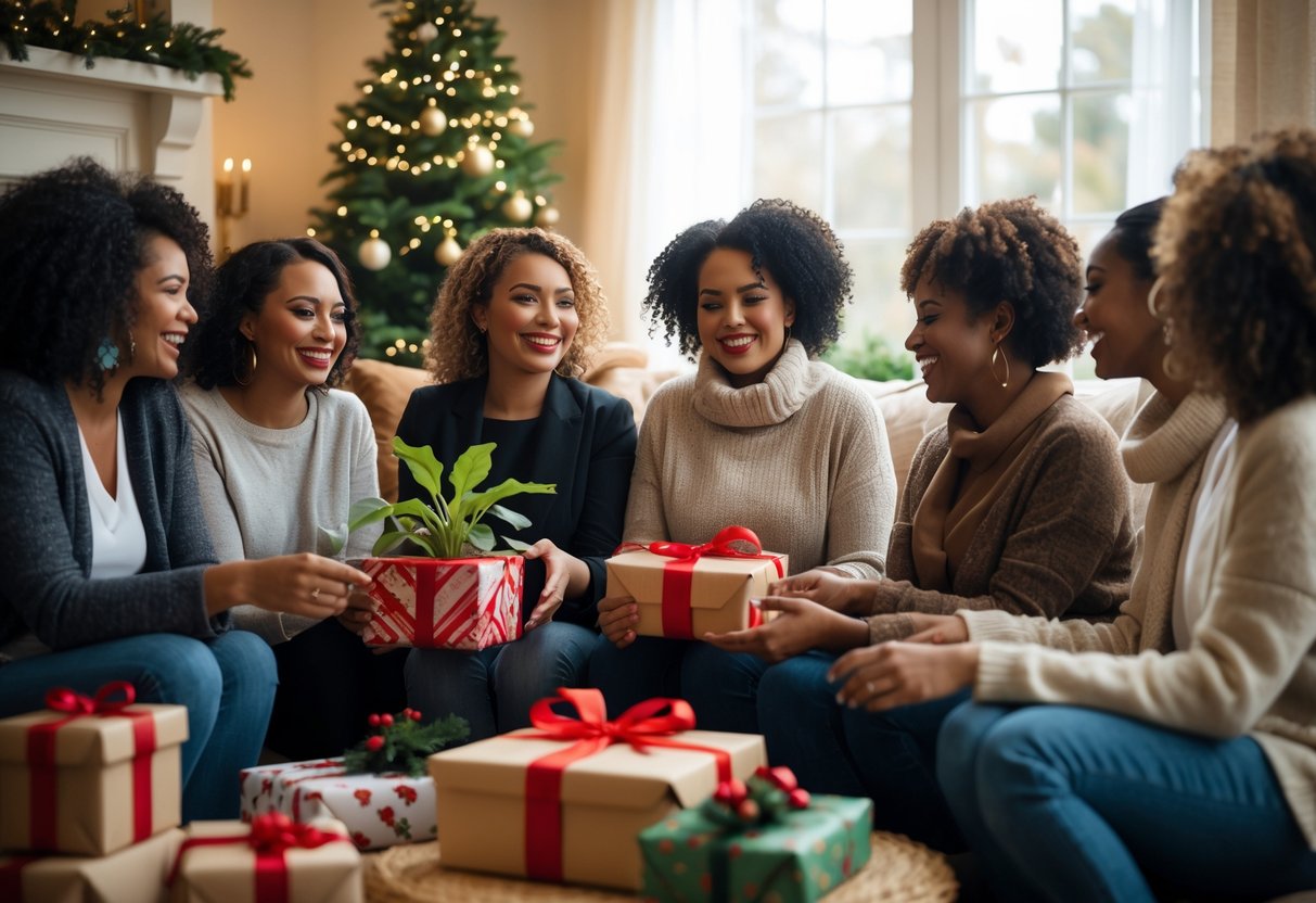A group of diverse women sharing Christmas gifts and enjoying a warm, festive gathering in a decorated living room.