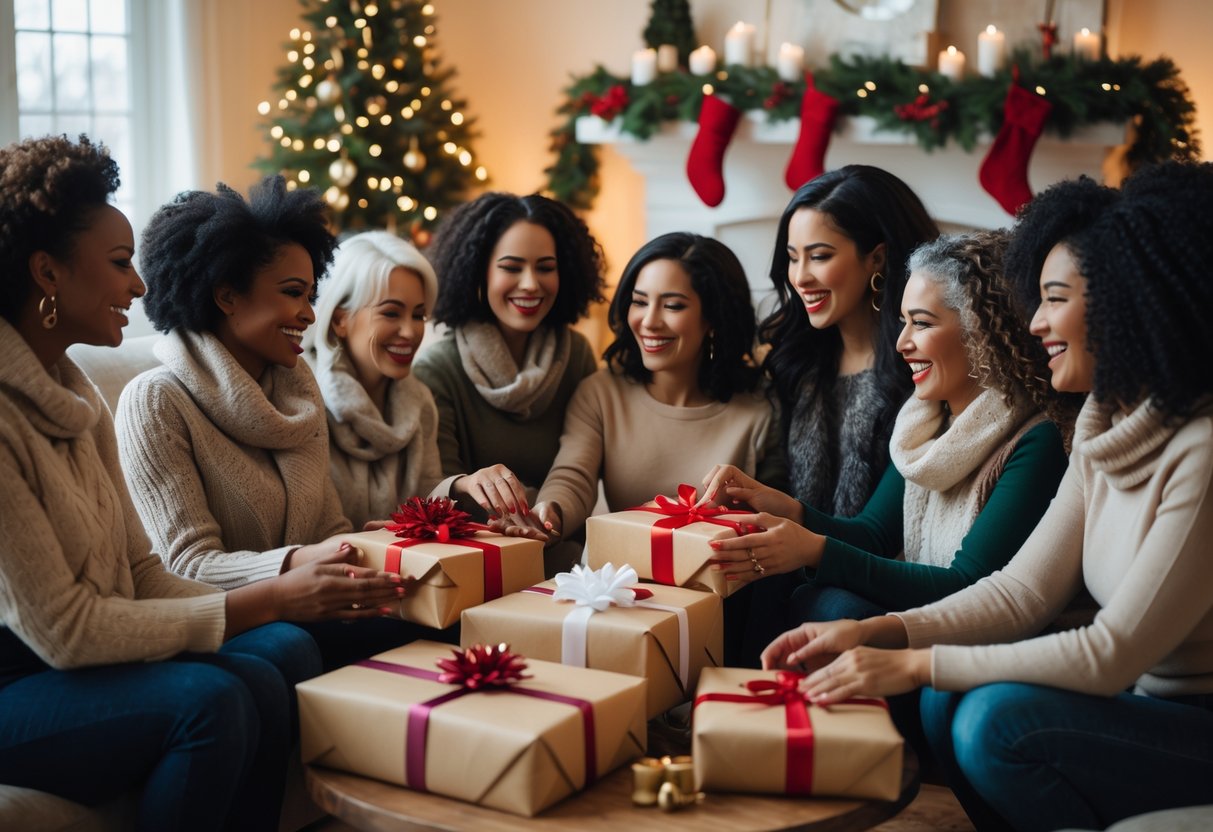 A diverse group of women exchanging Christmas gifts in a decorated living room, smiling and enjoying the holiday together.