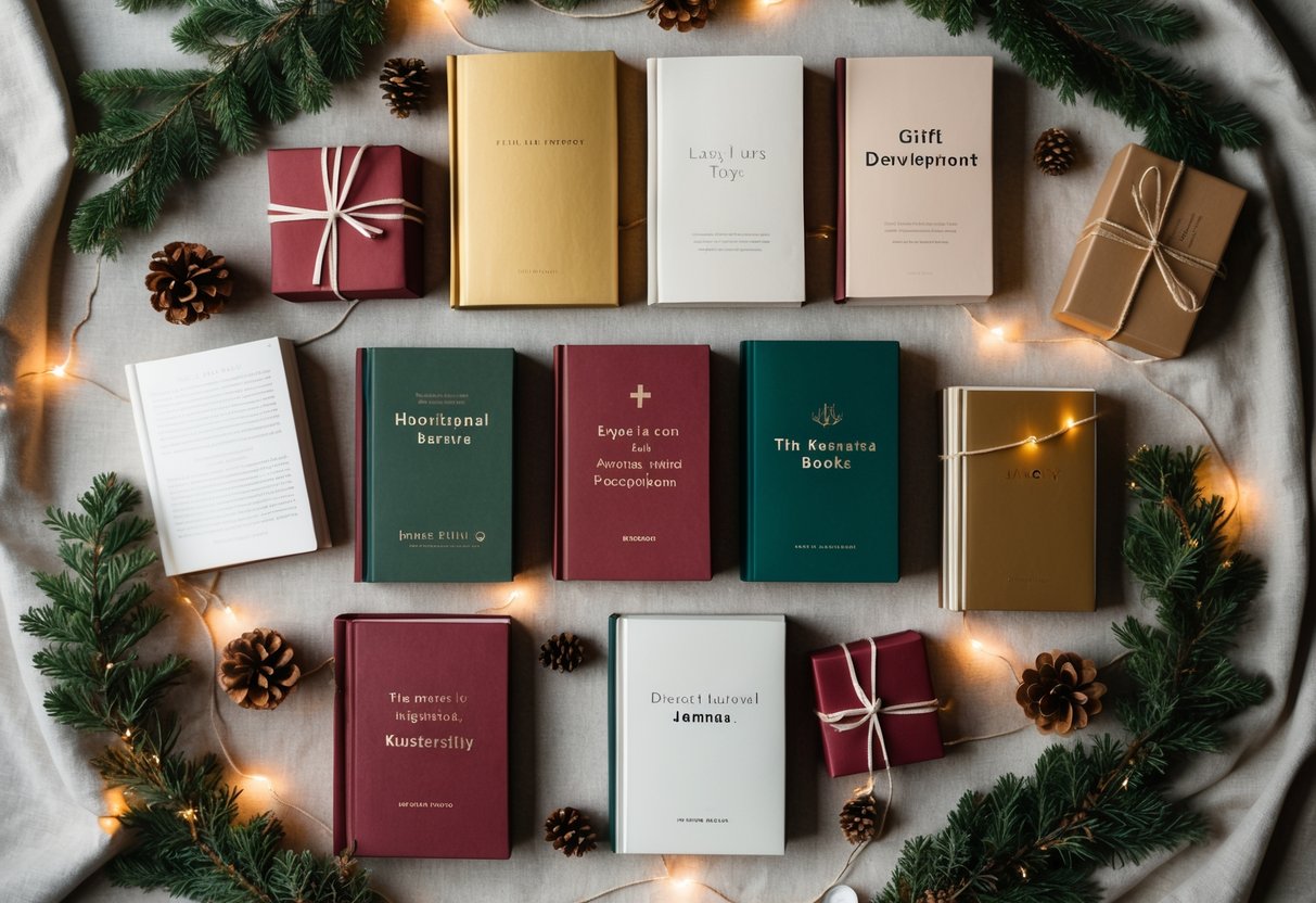 Flat lay of inspirational books and journals surrounded by Christmas decorations like pine branches, pinecones, fairy lights, and wrapped gifts.