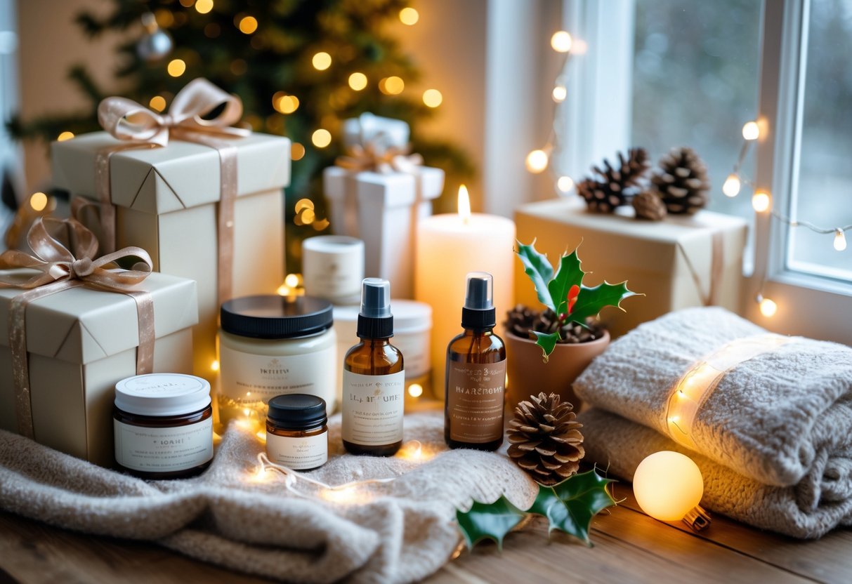 A cozy holiday scene with wrapped gift boxes, skincare products, candles, a blanket, and a small plant arranged on a wooden table with festive decorations.