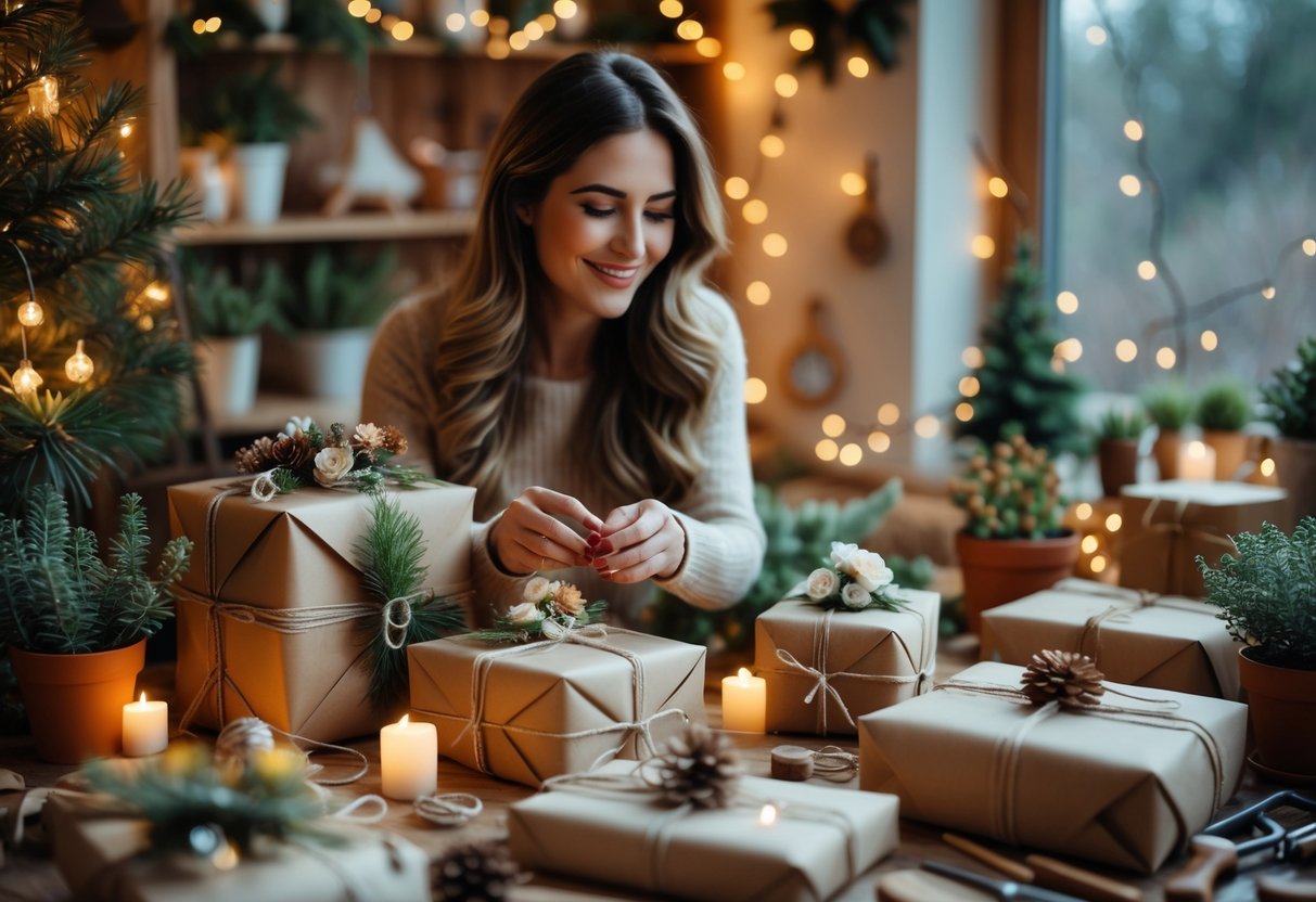 A woman arranging wrapped gifts and potted plants on a table decorated with Christmas ornaments and fairy lights.