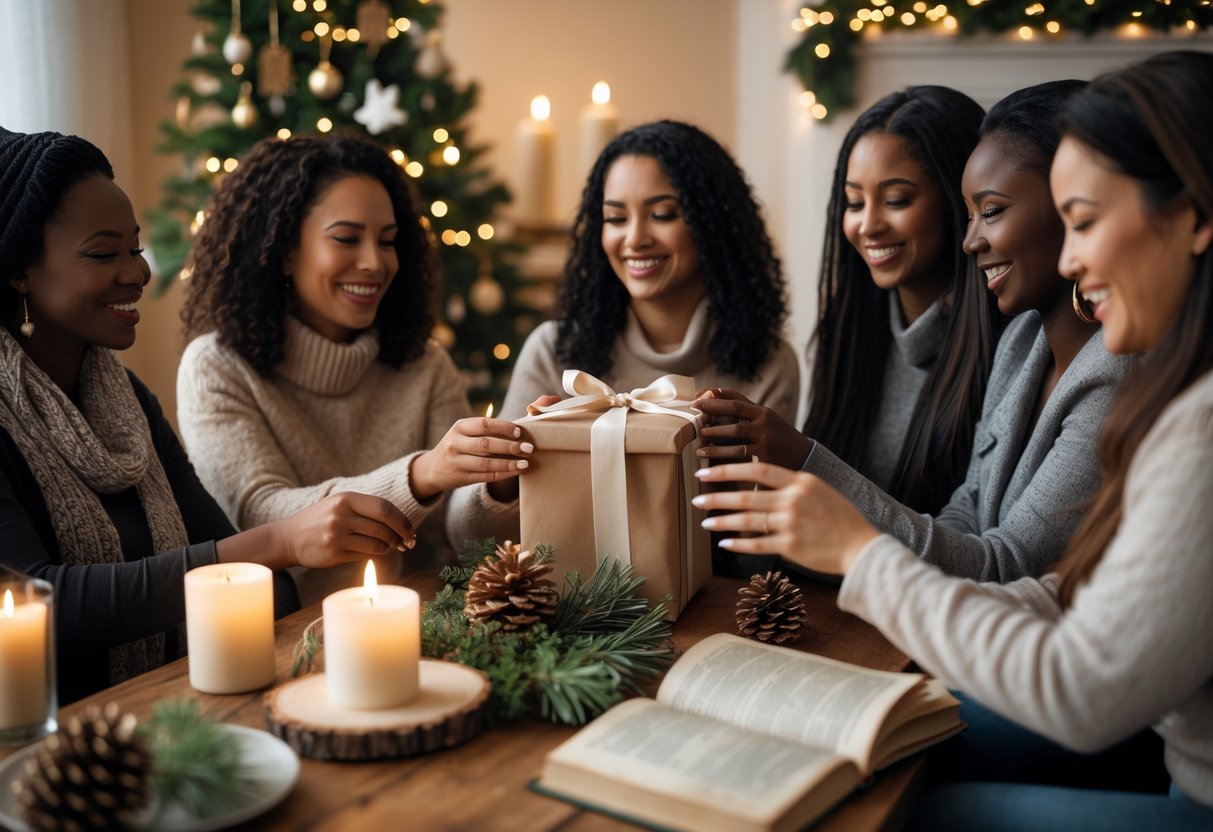 A group of diverse women exchanging Christmas gifts in a cozy living room decorated with a Christmas tree, candles, and spiritual decorations.