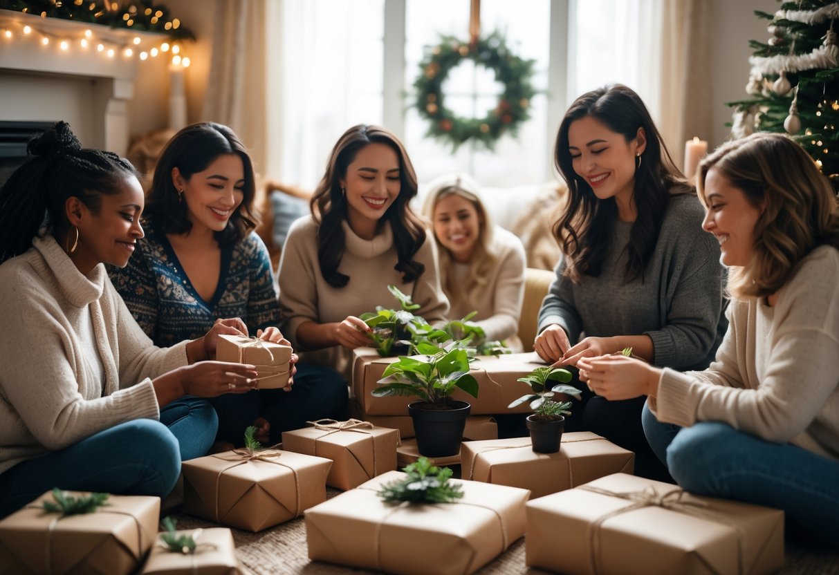 A group of women gathered in a cozy room decorated for Christmas, sharing gifts and engaging in kind activities together.