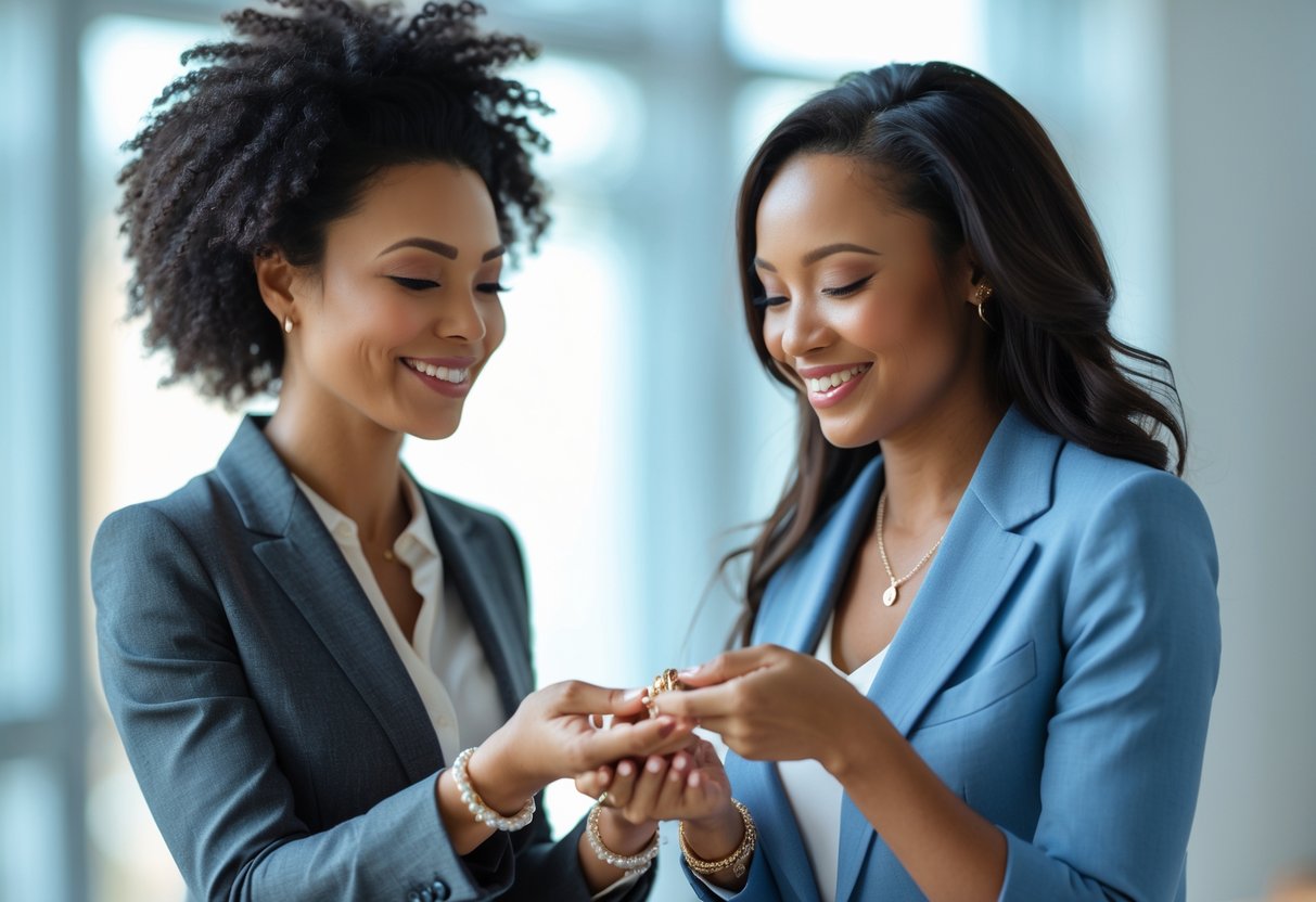 Two women sharing a moment as one gives a piece of jewelry to the other, symbolizing support and encouragement.