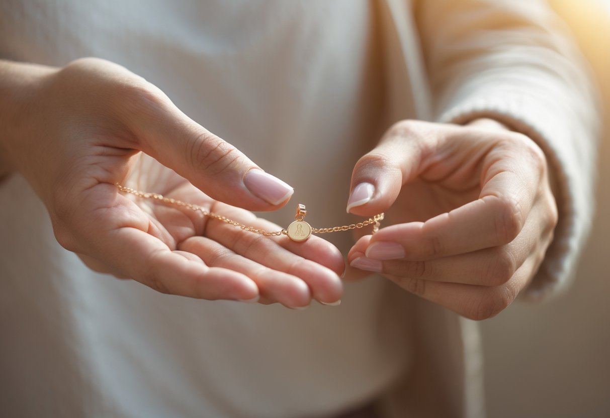 Two hands exchanging a delicate piece of jewelry symbolizing empowerment and support between a mentor and a protégé.