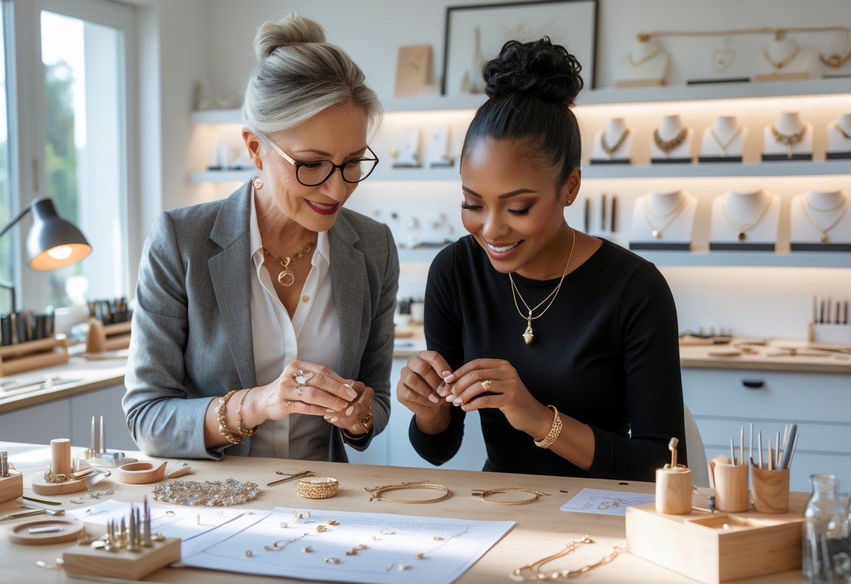 An experienced jewelry designer guiding a younger protégé in a bright studio, working together on a piece of jewelry at a workbench surrounded by tools and gemstones.