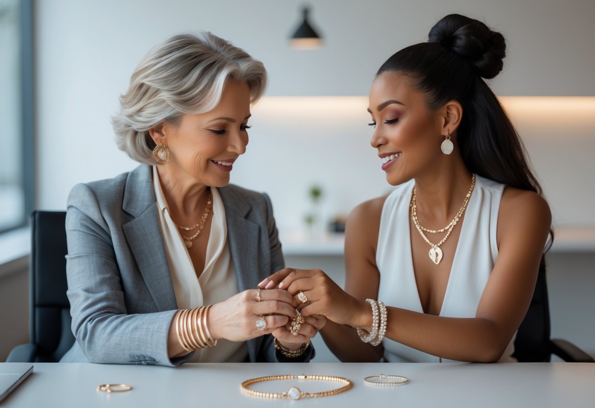 Two women at a workspace sharing elegant jewelry, one handing a piece to the other, symbolizing support and empowerment.
