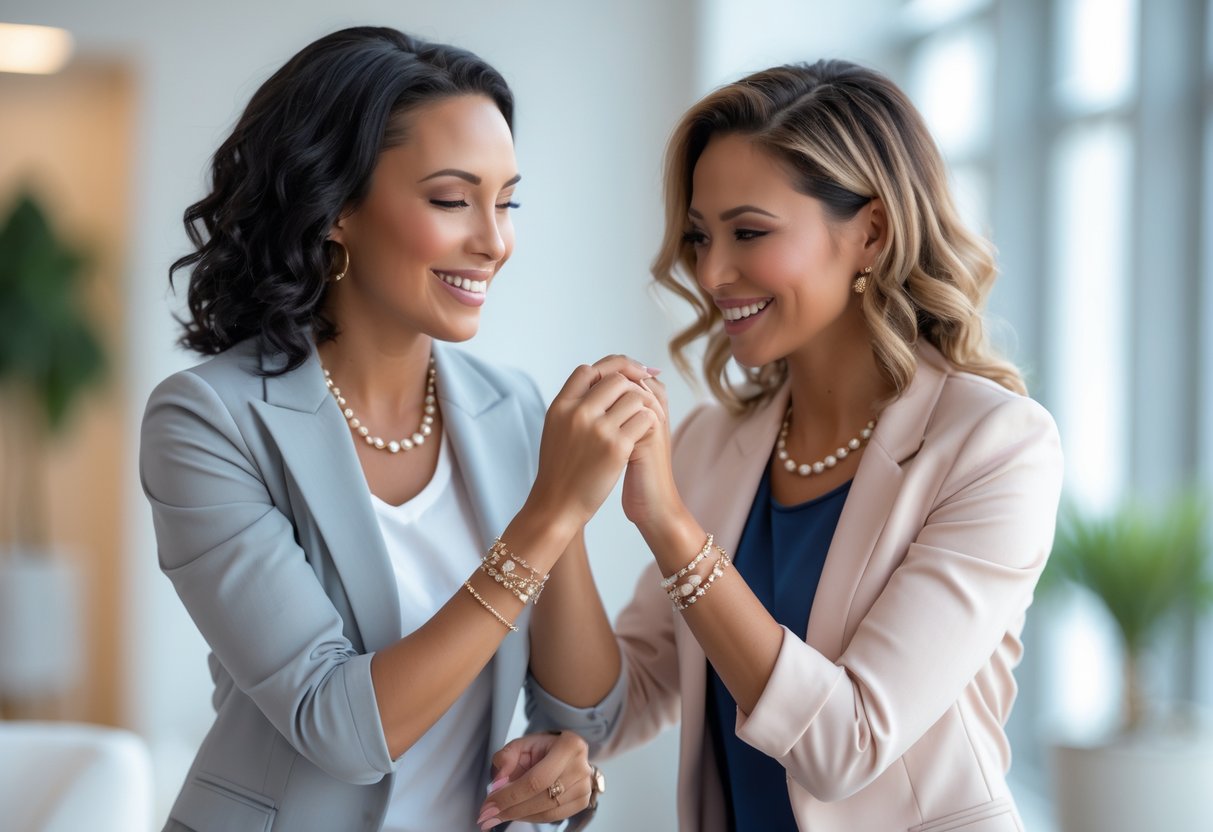 A woman coach shows empowering jewelry to her protégé as they share a warm, supportive moment indoors.