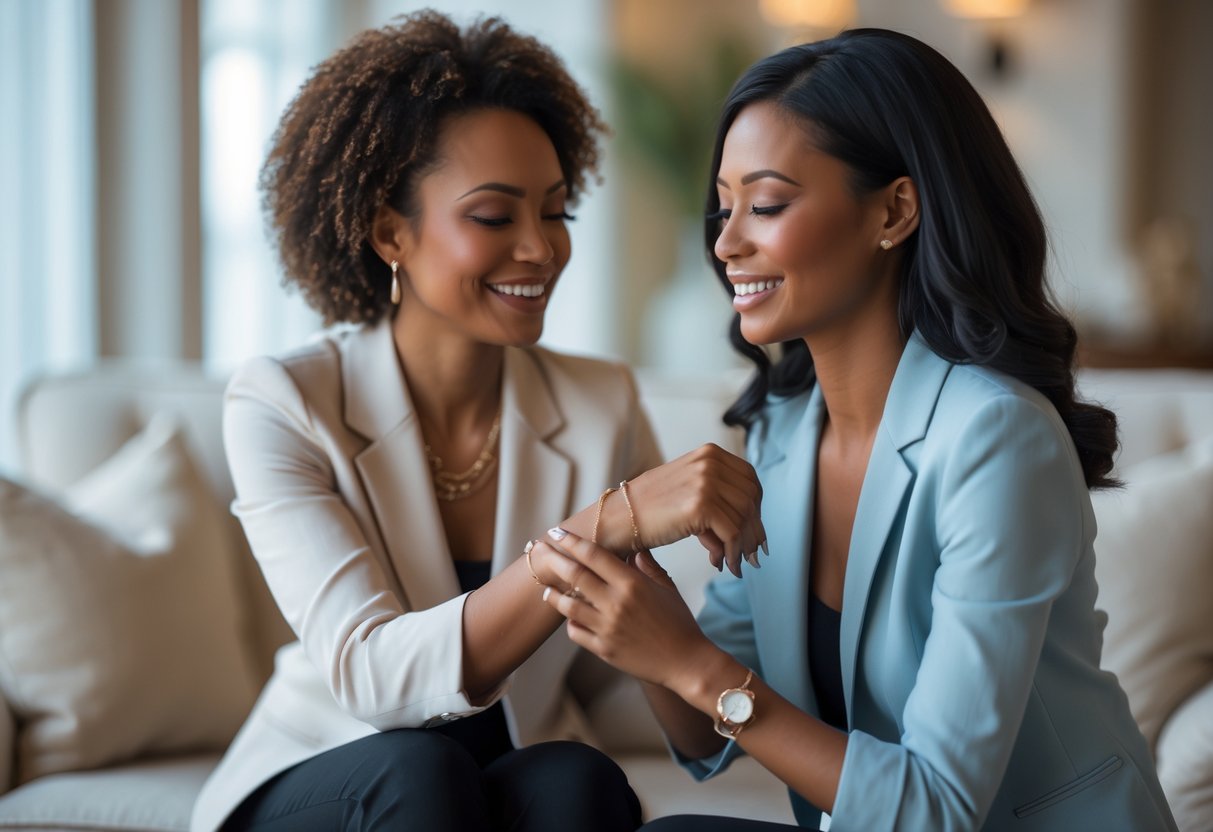 Two women sharing a warm moment as one places a piece of jewelry on the other's wrist, symbolizing encouragement and support.