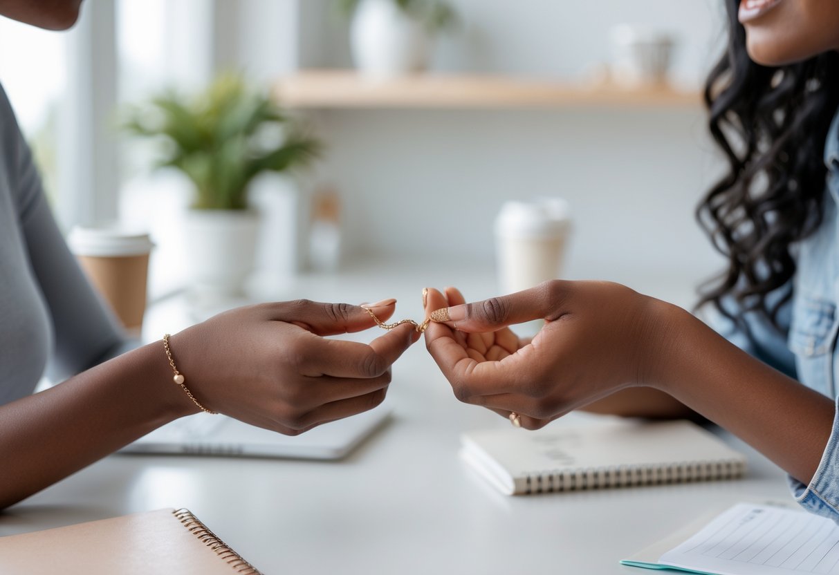 Two women exchanging a delicate piece of jewelry in a bright modern workspace, symbolizing mentorship and empowerment.