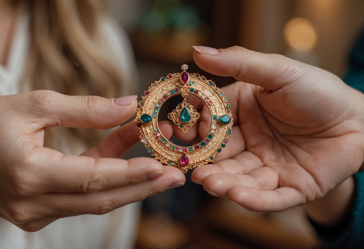 Two hands exchanging an intricately designed piece of jewelry symbolizing empowerment and mentorship.