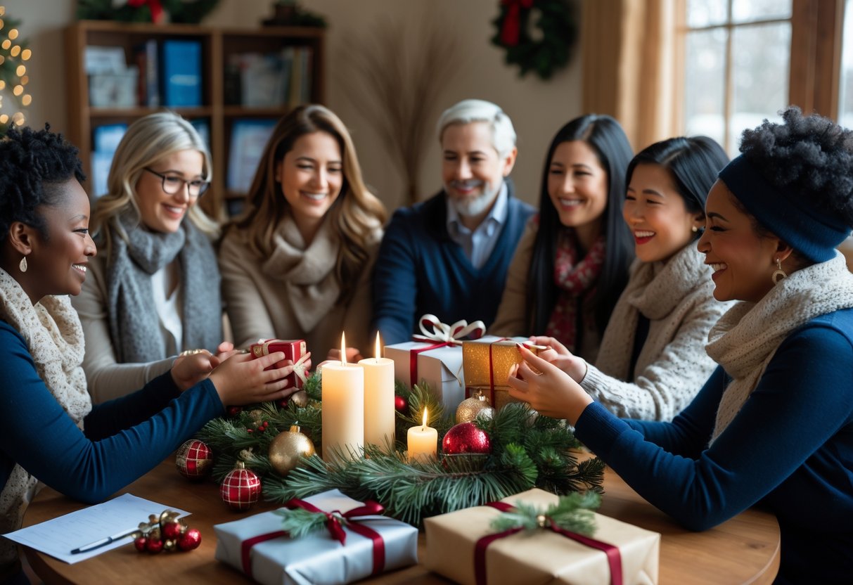 A group of teachers exchanging gifts around a decorated table in a cozy room with winter decorations.