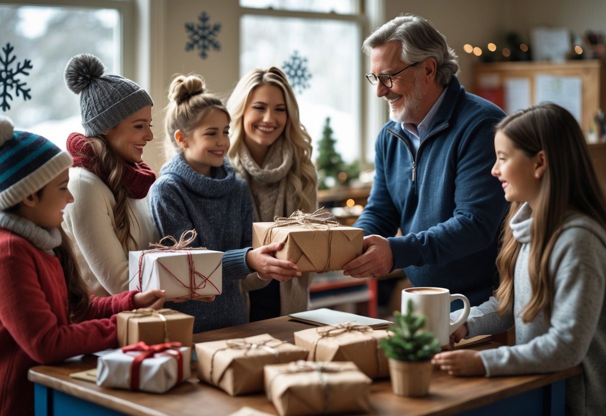 A teacher in a classroom receiving a handmade gift from a student, with winter decorations and wrapped presents nearby.