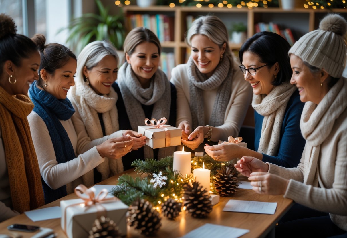 A group of teachers exchanging wrapped gifts around a decorated table in a cozy winter setting, smiling and showing appreciation.