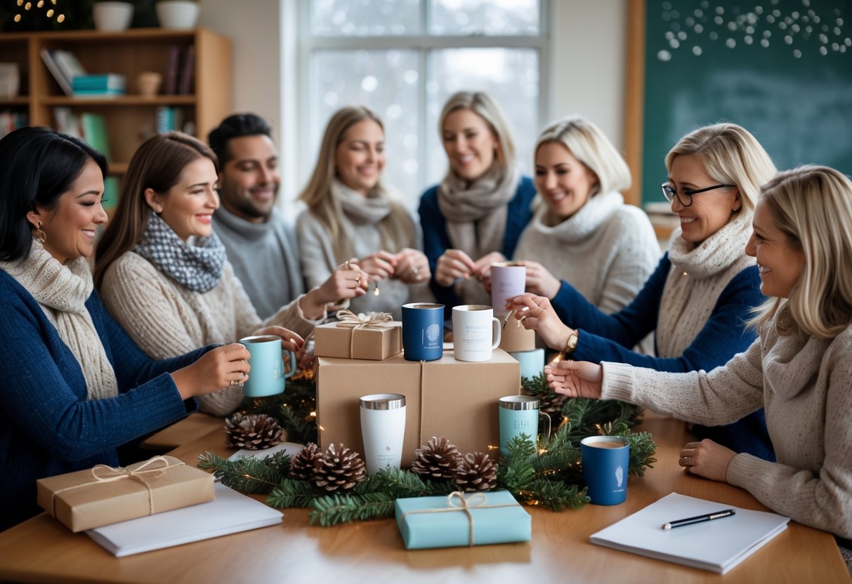 A group of teachers exchanging practical winter gifts around a decorated classroom table with winter accents and snowfall visible outside.