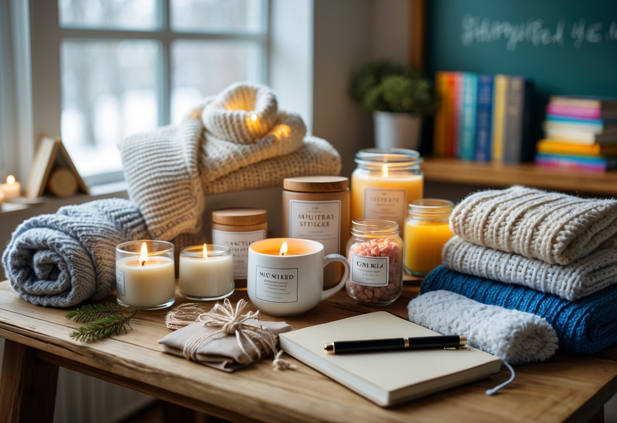 A winter-themed arrangement of self-care gifts including scarves, candles, teas, bath salts, a blanket, and a journal on a wooden table with a classroom background.