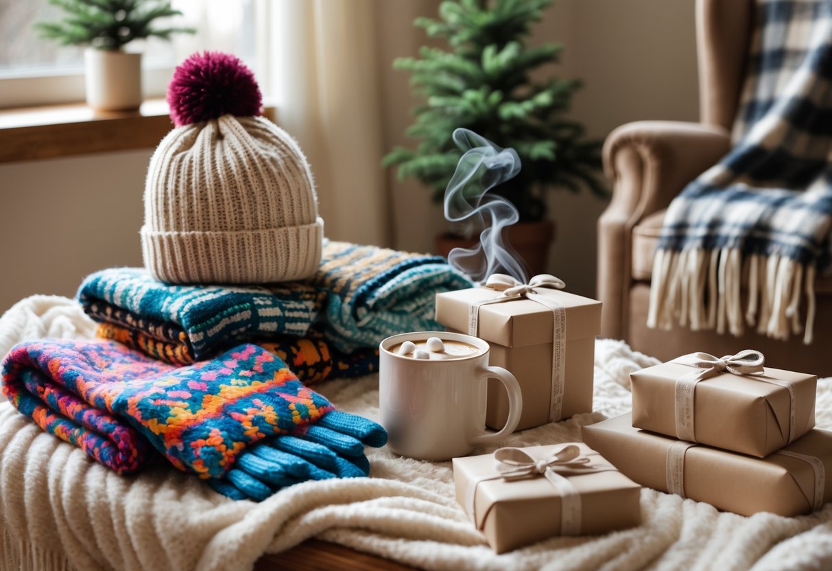 A cozy indoor scene with winter gloves, a scarf, a hat, hot chocolate, wrapped gifts, books, and a comfortable chair with a blanket.