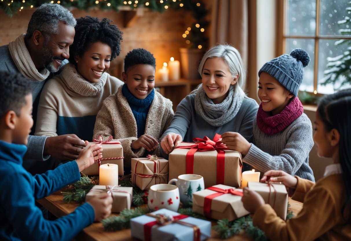 A family giving winter gifts to a smiling teacher in a cozy room decorated for the season.