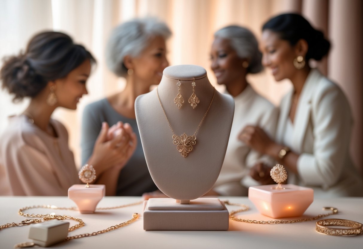 A jewelry display with a necklace and earrings surrounded by blurred images of women supporting and guiding each other.