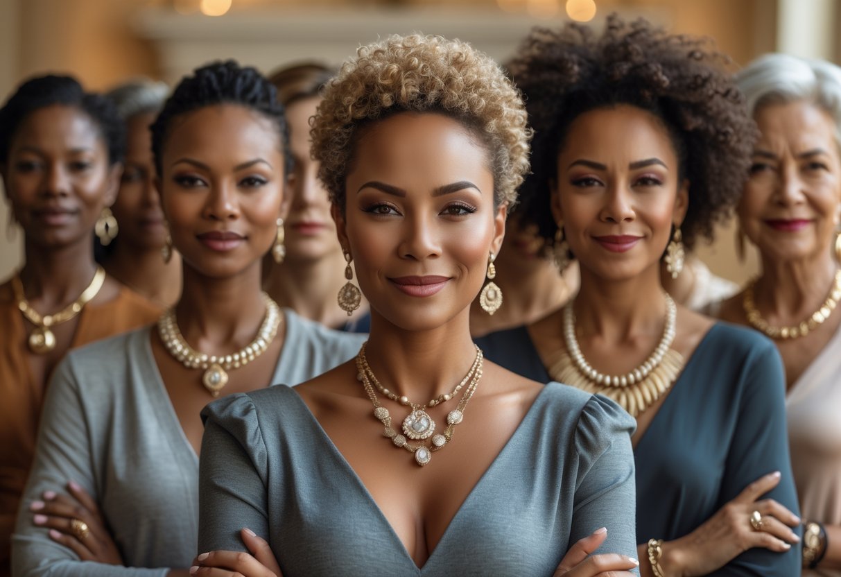 A diverse group of confident women wearing elegant jewelry, standing together and smiling in a warm setting.