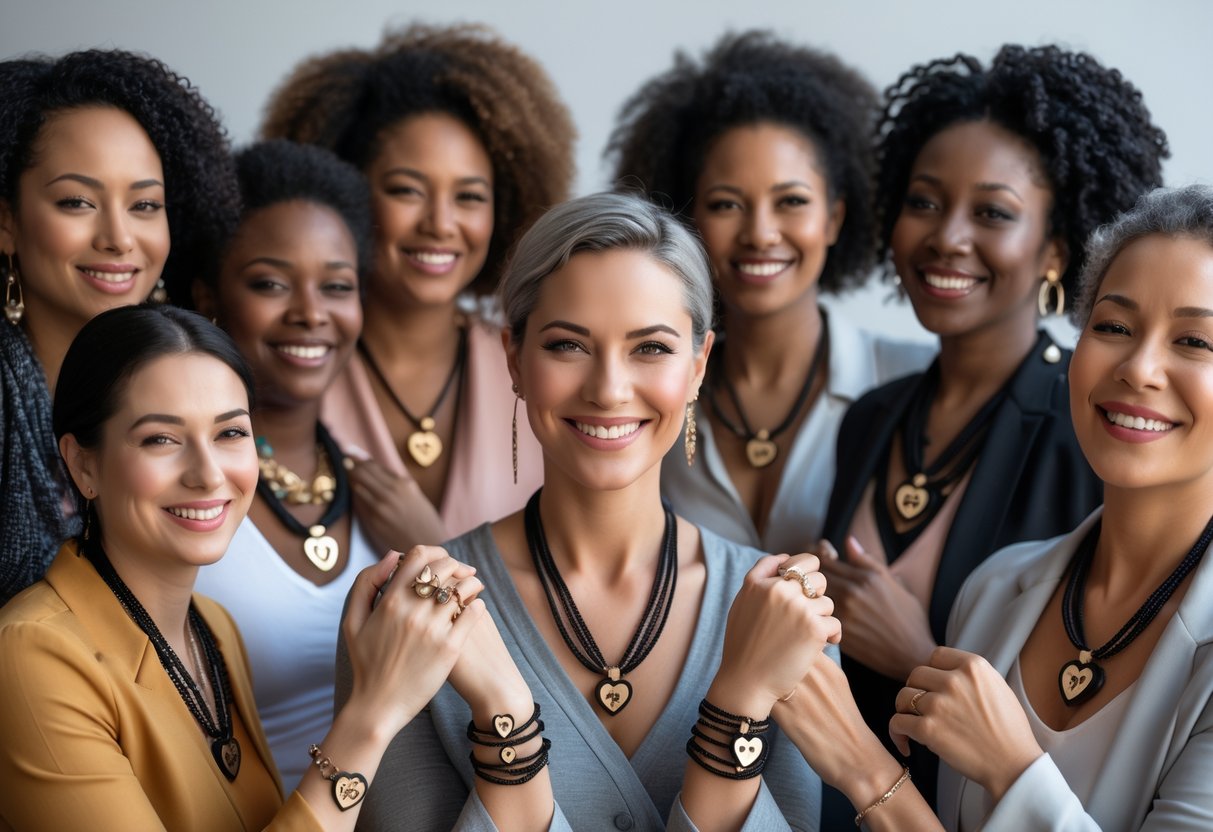 A diverse group of women wearing meaningful jewelry, smiling and supporting each other.