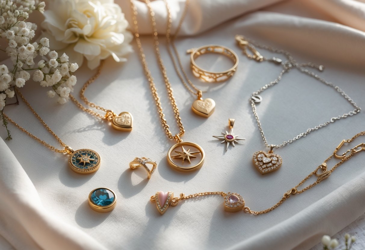 An elegant display of various women's jewelry including necklaces, bracelets, and rings arranged on soft fabric with gentle lighting.