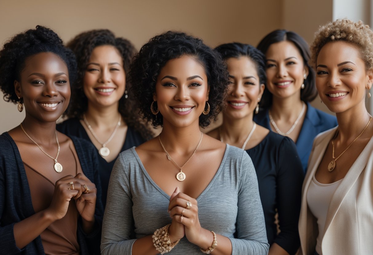 A group of diverse women wearing personalized jewelry, standing together and smiling.
