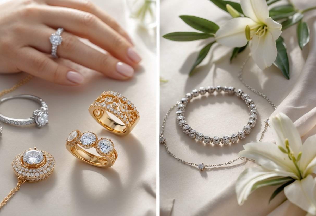 Close-up of fine jewelry with diamonds and gold next to simple everyday jewelry, accompanied by a hand holding a compass and floral accents.