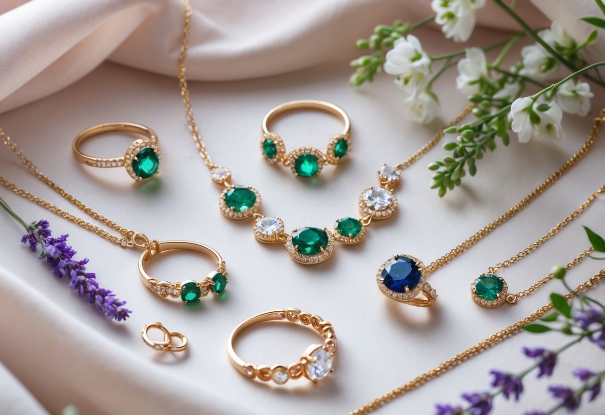 Close-up of elegant jewelry with gemstones arranged on soft fabric, surrounded by delicate flowers.