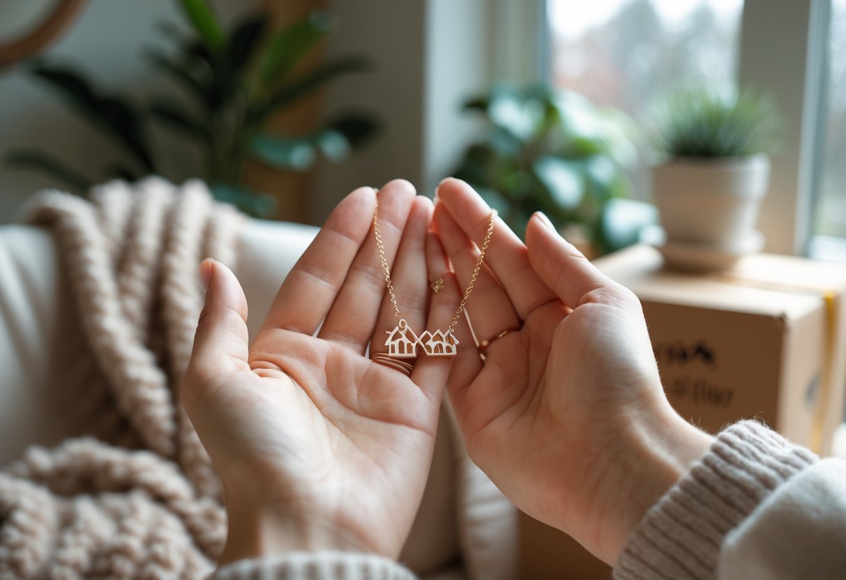 Close-up of a woman holding a delicate home-inspired jewelry piece in a cozy living room with moving boxes and plants in the background.