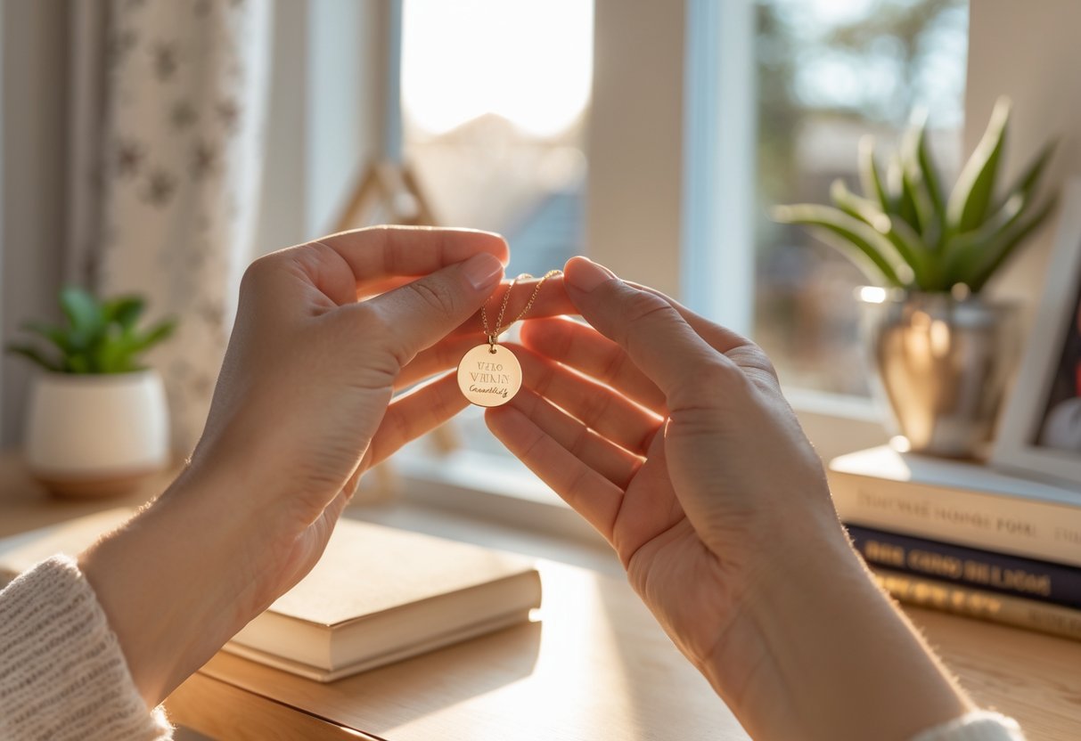 Close-up of a woman holding a personalized necklace inside a cozy new home setting.
