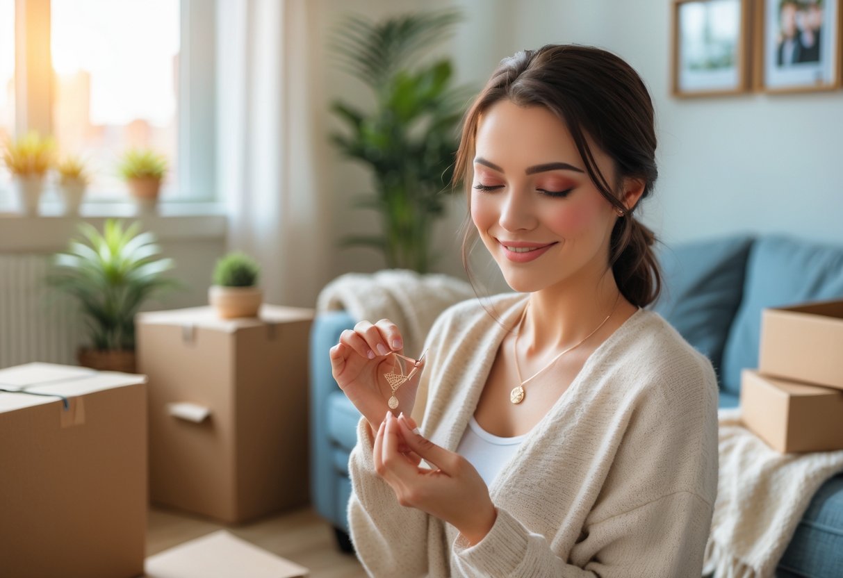 A young woman unpacking in a cozy new apartment, holding a piece of jewelry and smiling surrounded by moving boxes and home decorations.