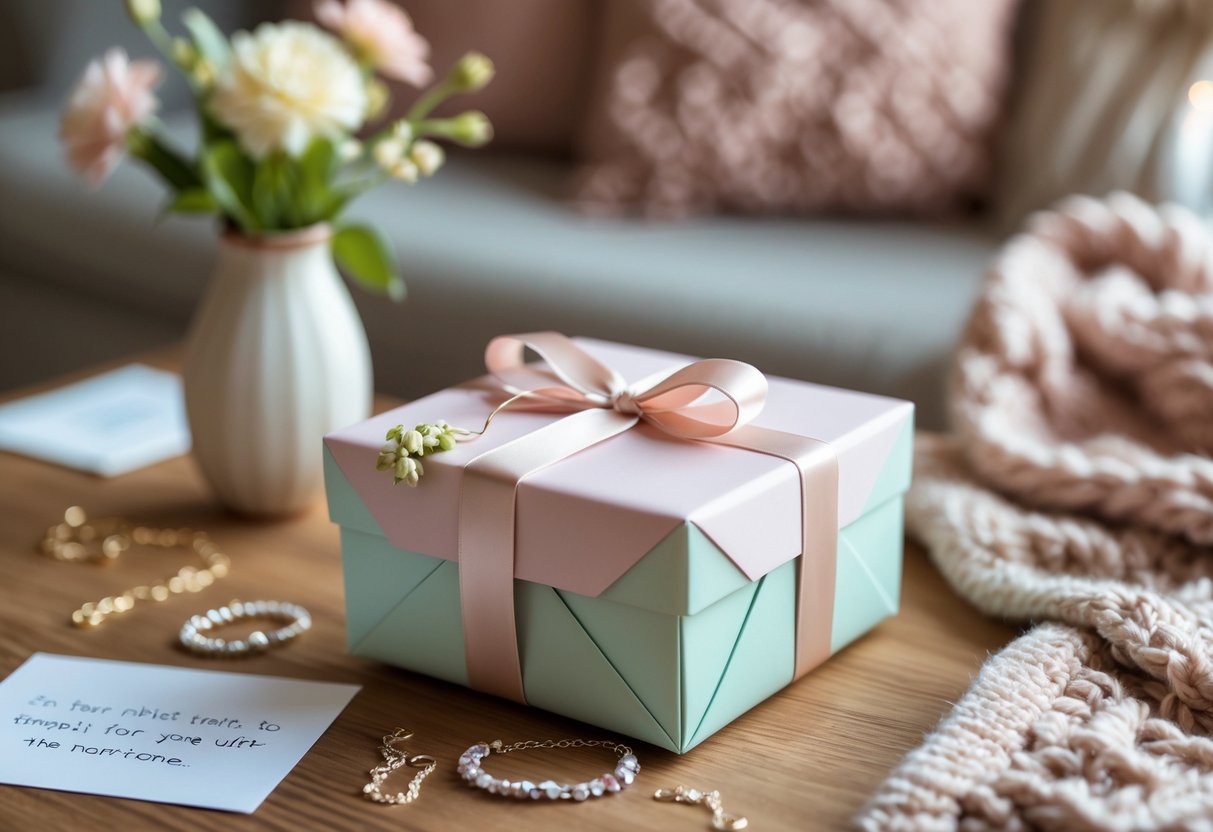A beautifully wrapped gift box with jewelry on a wooden table surrounded by flowers and a note, set in a cozy home environment.