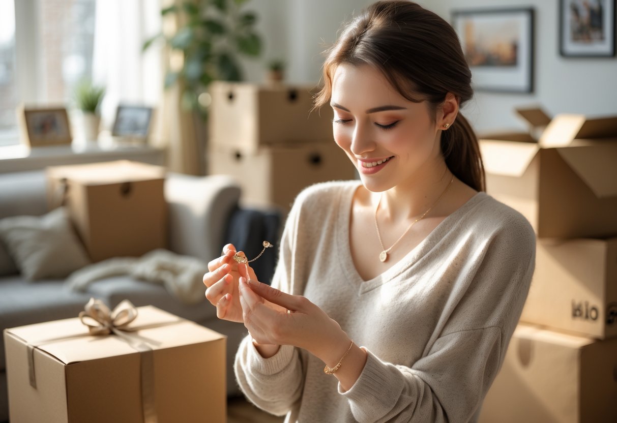 A young woman unpacking in a new apartment, holding a piece of delicate message jewelry and smiling.