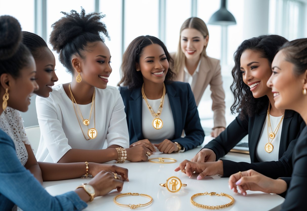 A group of young women wearing empowering feminist jewelry, smiling and collaborating in a modern office environment.