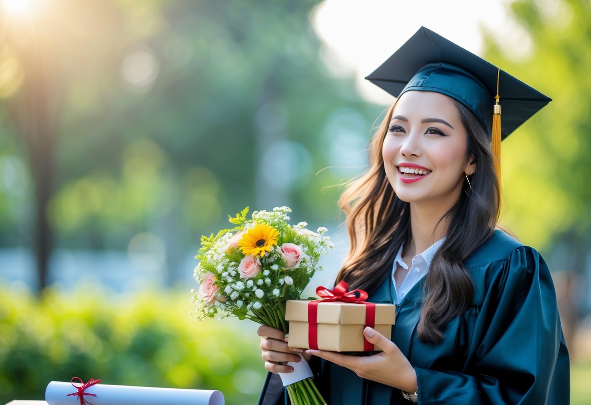 A young woman in graduation attire holding flowers and a gift box, smiling outdoors.
