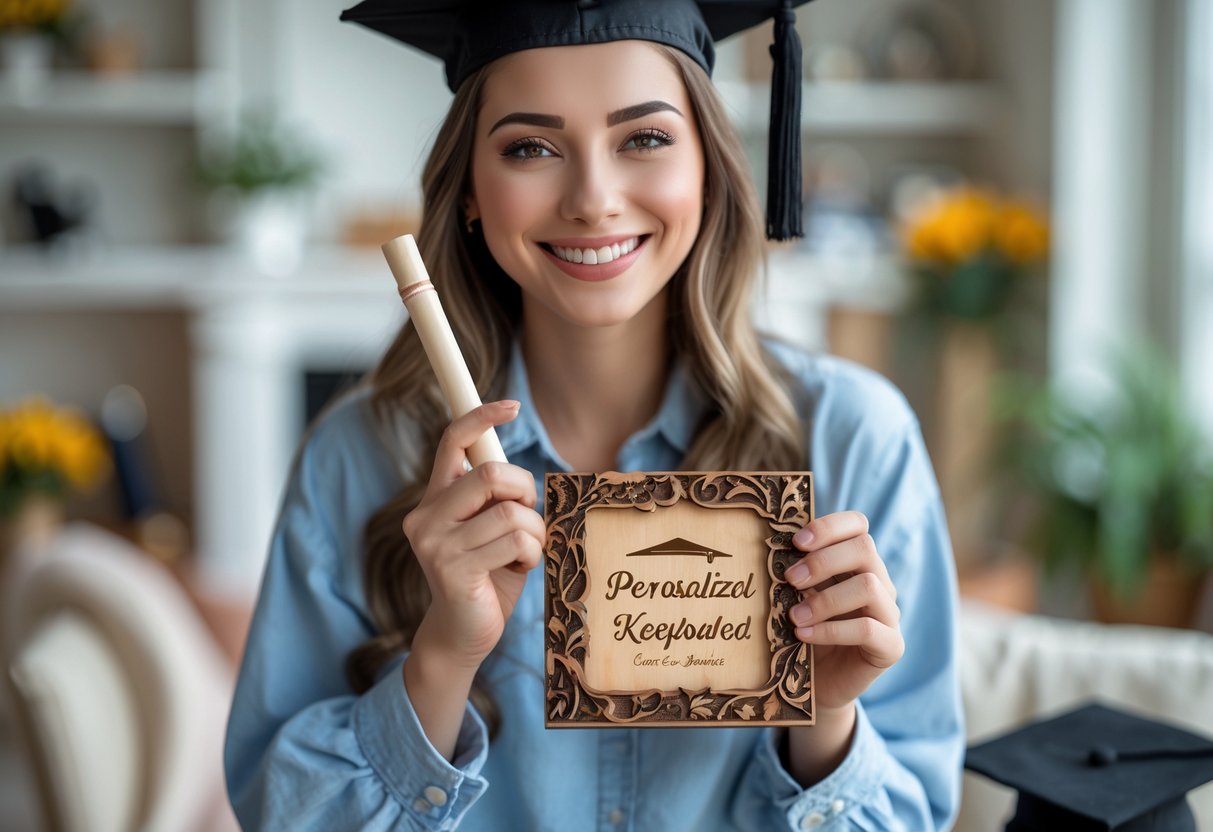 A young woman holding a personalized keepsake gift, smiling happily in a cozy home setting with graduation items in the background.