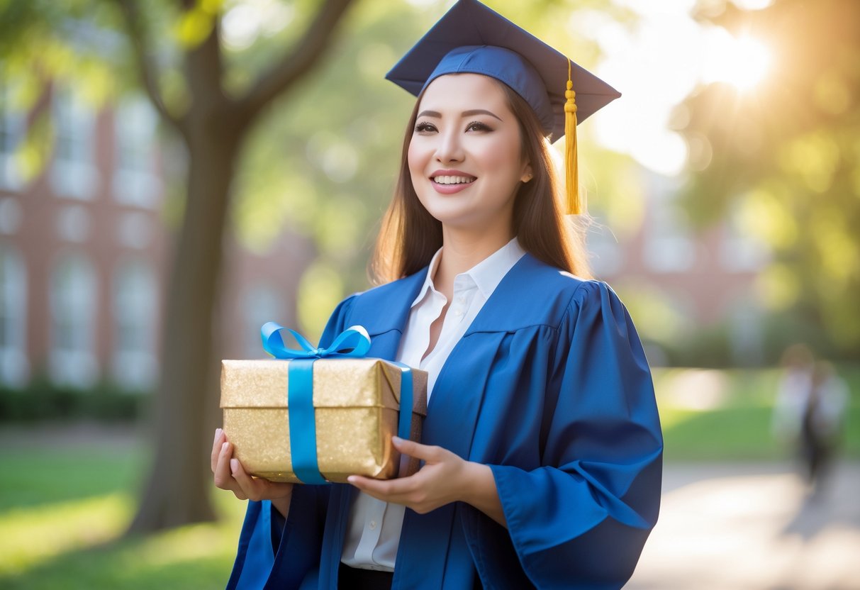 A young woman in graduation attire holding a wrapped gift outdoors, smiling proudly.