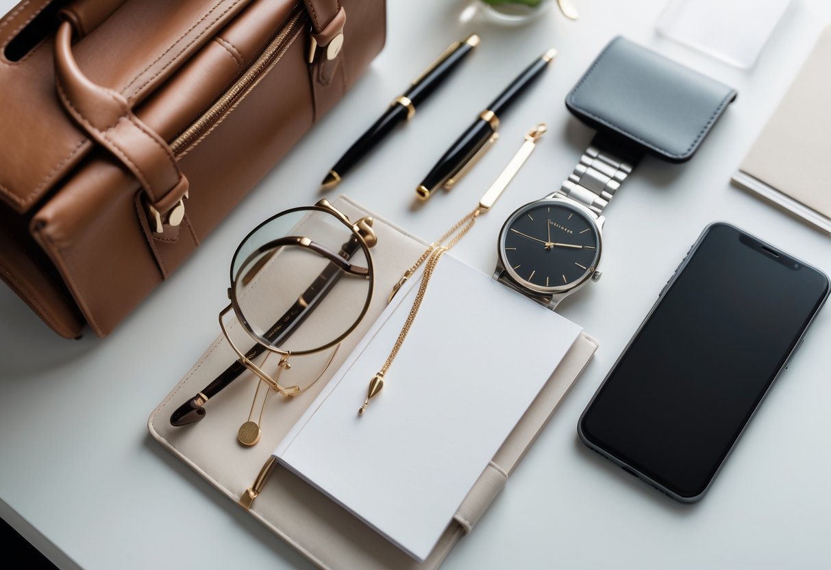 Flat lay of professional accessories including a briefcase, wristwatch, smartphone, eyeglasses, pen, notebook, and necklace arranged on a white desk.