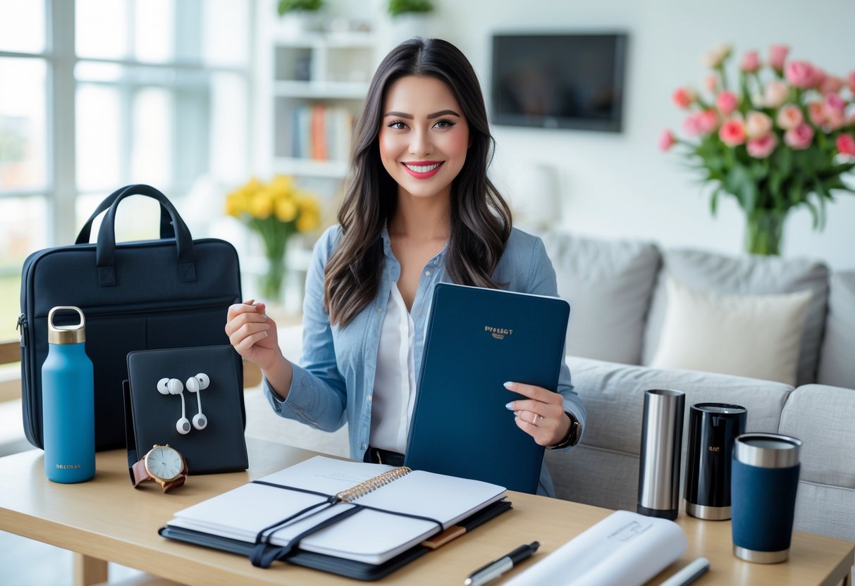 A young woman holding a laptop bag and planner, surrounded by practical gifts like a water bottle, earbuds, and notebooks in a bright living room.