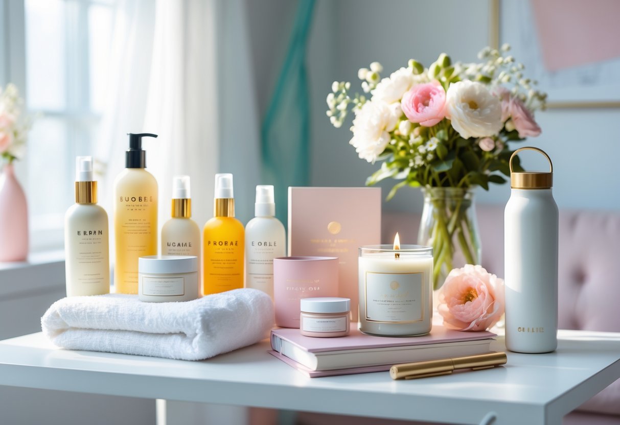 A collection of beauty and wellness gifts including skincare products, candles, flowers, and a journal arranged on a table with a graduation cap and diploma in the background.