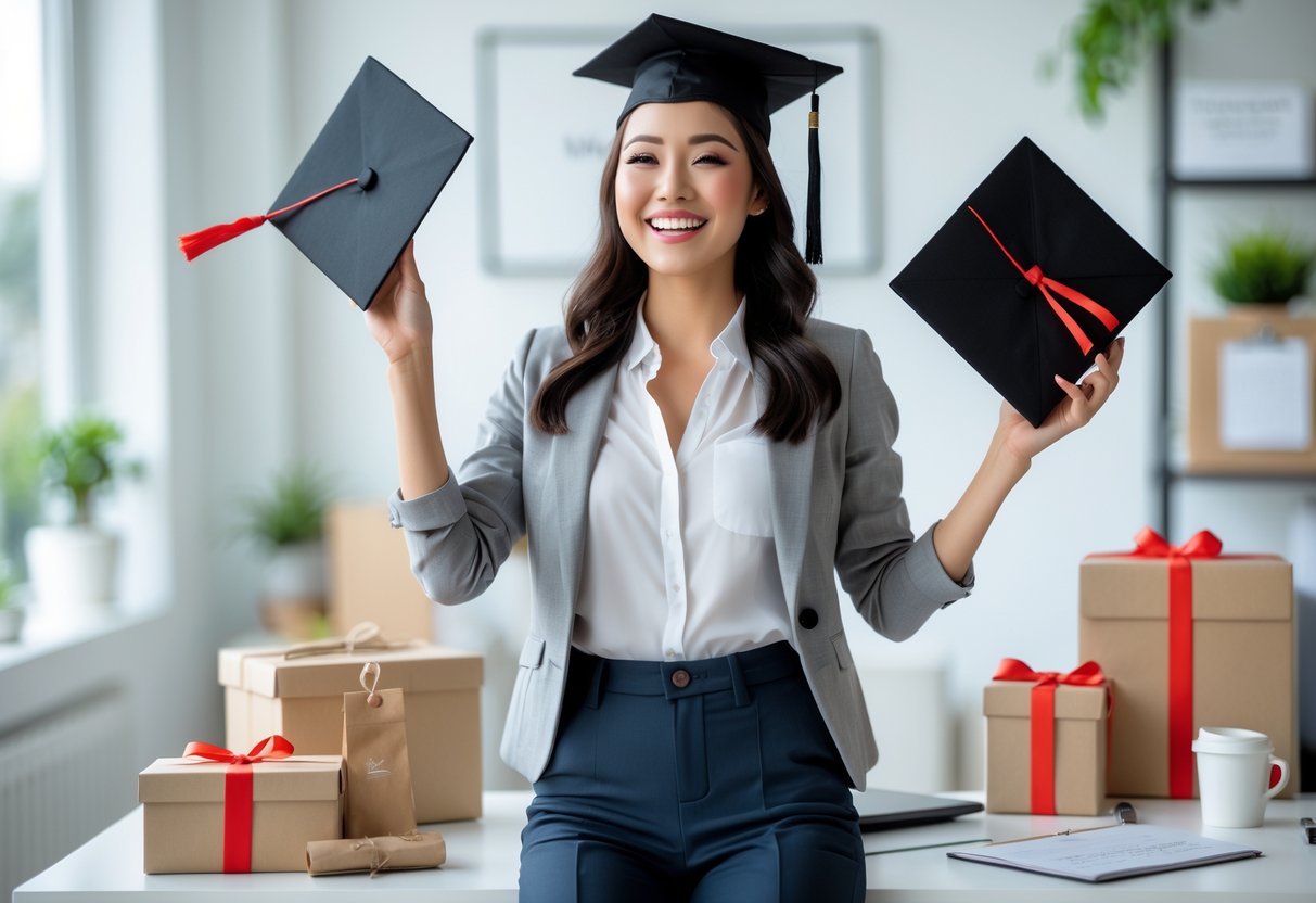 A young woman smiling and holding a graduation cap and tablet, surrounded by gift boxes in a bright modern room.